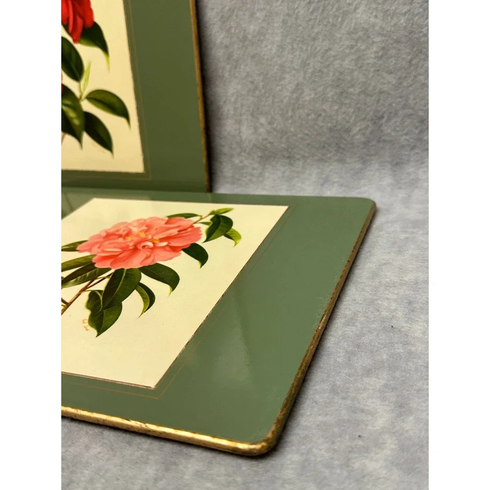 Vintage Botanical Camellia Trivets Set of 3 Green Gold Hot Pads Floral‎ Art